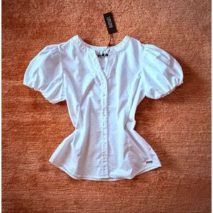 Badgley Mischka Crystal Embellished White Cotton Blouse Puff Sleeve M NWT